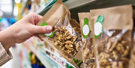 Buyer hand with walnut packaging in the store
