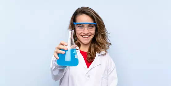 Young blonde woman with a scientific test tube.