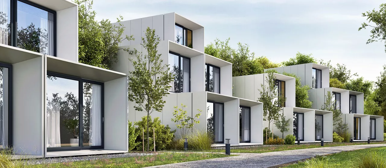row of white modern houses