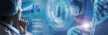 Doctor analyzing medication on holographic interface