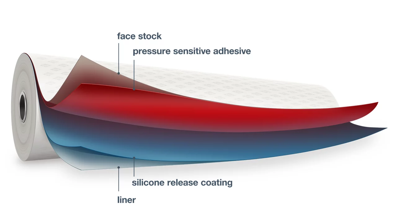 Label roll layer illustration of,liner, coating, PSA, face stock 